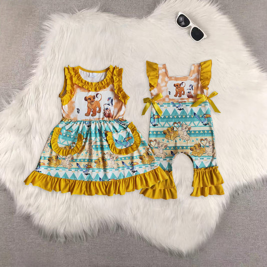 8.02 RTS Sibling Flutter sleeve bow lion print bay girls summer romper dress