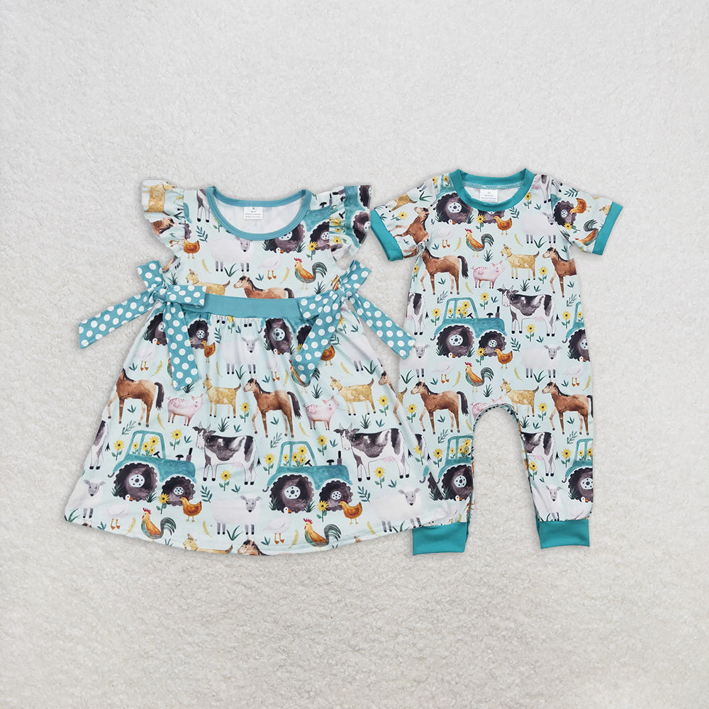 7.16  RTS NO MOQ Cow goat pig horse chicken baby boy farm romper dress