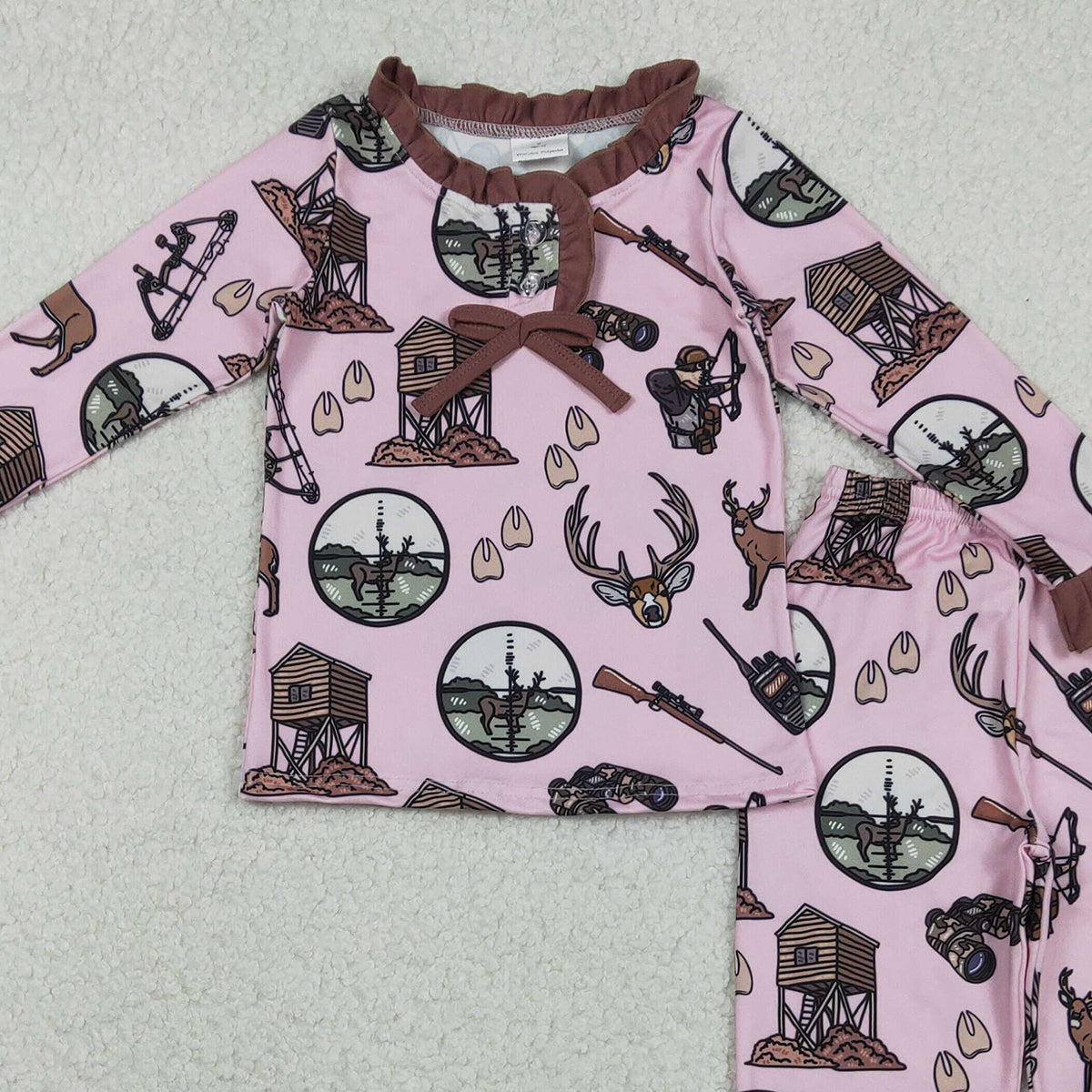11.24 RTS NO MOQ （In stock）GLP2741 Baby Girls Deer Hunting Top Ruffle Pant Pajamas Set