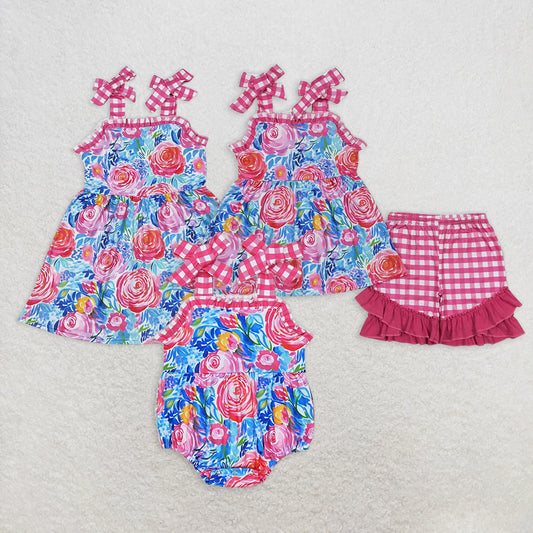 6.30  RTS NO MOQ Plaid straps tunic ruffle shorts girls summer outfits dress rompers