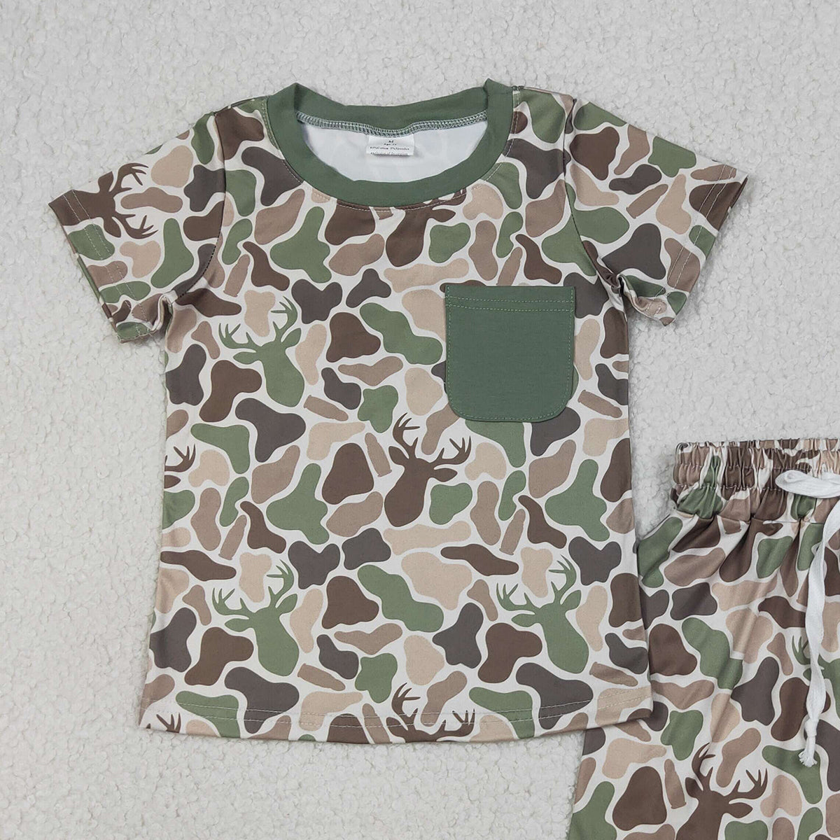 4.1 RTS NO MOQ （In stock）BSSO1792 Short sleeves pocket deer camo top shorts boys outfits