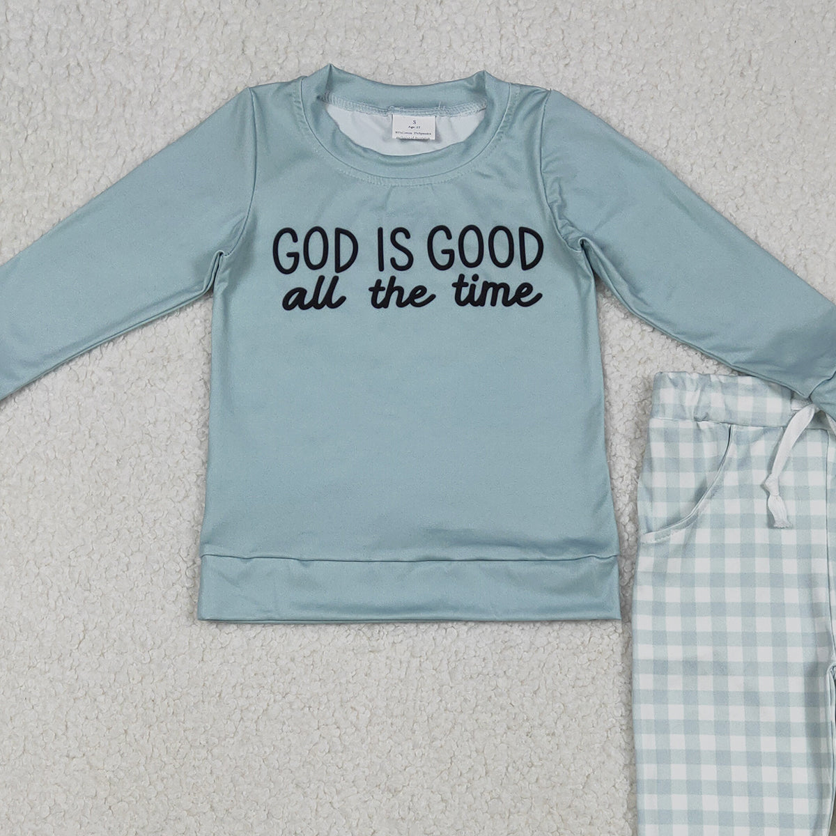 12.8 RTS NO MOQ （In stock）BLP1345 Baby Boys God Is Good Top Checked Pockets Jogger Pants Clothes Sets