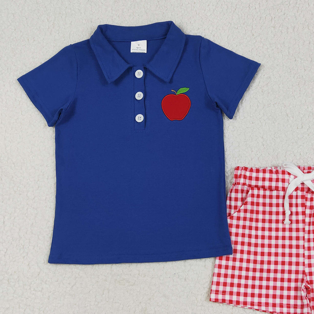 BSSO1397 RTS NO MOQ Baby Boys Summer Boys Outfits Embroidery Baby Boys Hot Navy Short Sleeves Button Down Apple Top Red Plaid Pockets Short Set