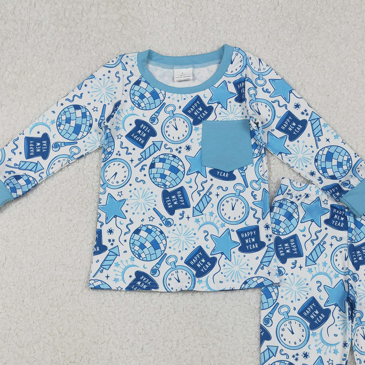 10.20 RTS NO MOQ （In stock）BLP1259 Baby Boys Winter Outfits Baby Boys Blue Pocket Happy New Year Top Pant Pajamas Set