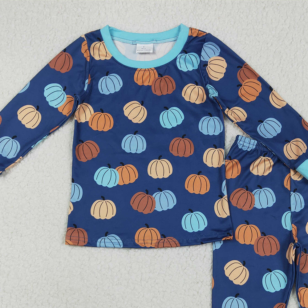 RTS NO MOQ （In stock）BLP1153 Baby Boys Winter Outfits Baby Boys Long Sleeves Fall Blue Pumpkins Top Pant Pajamas Sets
