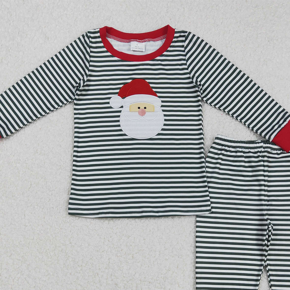 RTS NO MOQ （In stock）BLP1126 Baby Boys Winter Outfits Christmas Green Stripe Santa Pajamas Set Top And Pants Outfit for Holiday Celebrations