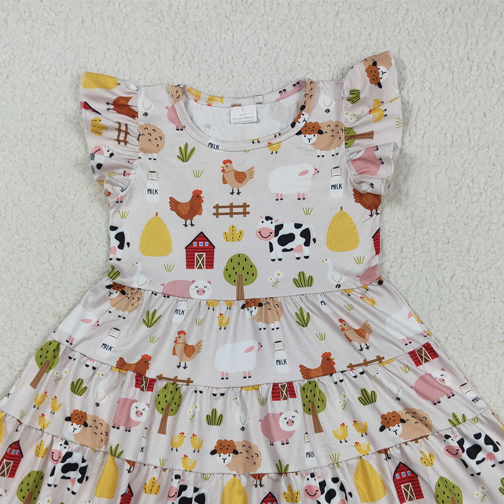 8.20 RTS NO MOQ （In stock）GSD2595 Baby Girls Summer Dress Baby Girls Flutter Sleeves Cows Chicks Farm Knee Length Dresses