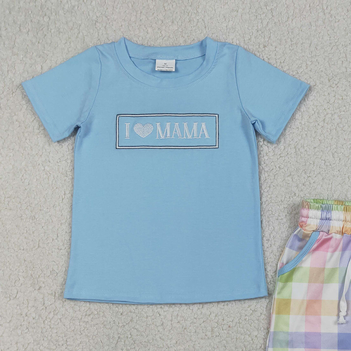 3.18 RTS NO MOQ （In stock）BSSO1605 Fashion Clothing For Baby Boys Embroidery I Love Mama Top Checked Pockets Short Clothes Sets