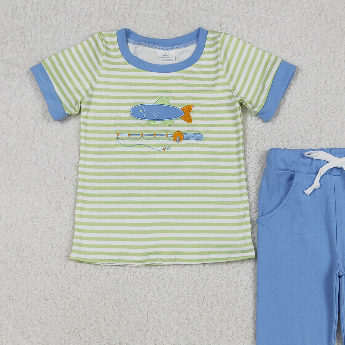 12.4 RTS NO MOQ （In stock）BSPO0612 Embroidery Fishing Baby Boys Stripe Top Pockets Leggings Hunting Clothes Sets