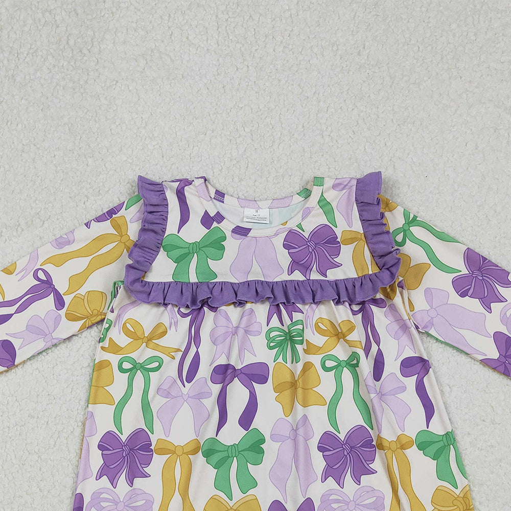 9.30 RTS NO MOQ （In stock）GLD1295 Baby Girls Winter Dress Baby Girls Mardigras Bows Ruffle Sleeve Knee Length Dresses