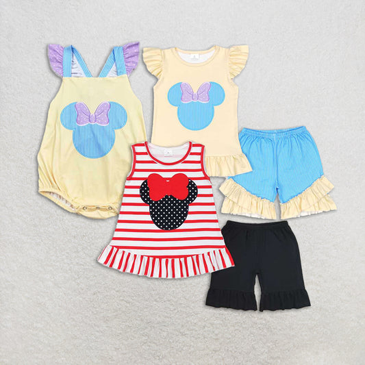 4.24 RTS NO MOQ Girls Sleeveless Red Stripe Mouse Print Top with Ruffle Shorts - Cute Animal Themed Summer Outfit for Kids