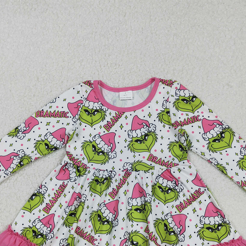 RTS NO MOQ （In stock）GLD1234 Baby Girls Winter Dress Girls Green-faced Long-Sleeve Dress with Pink Ruffle Christmas Hat Cute Children's Outfit