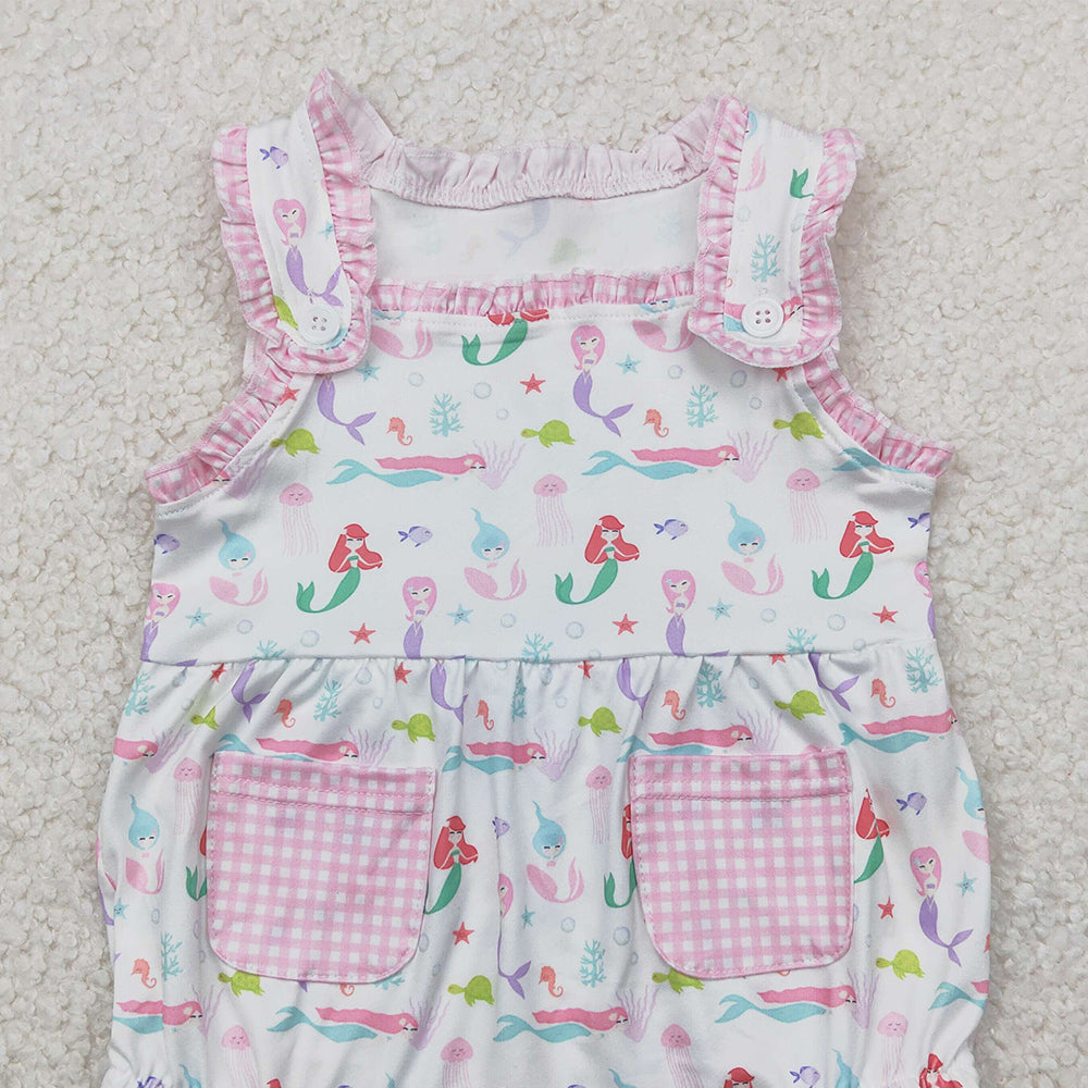 4.14 SR2880 RTS NO MOQ Baby Girls Summer Rompers  Sleeveless plaid pockets octopus fish turtle baby girls romper