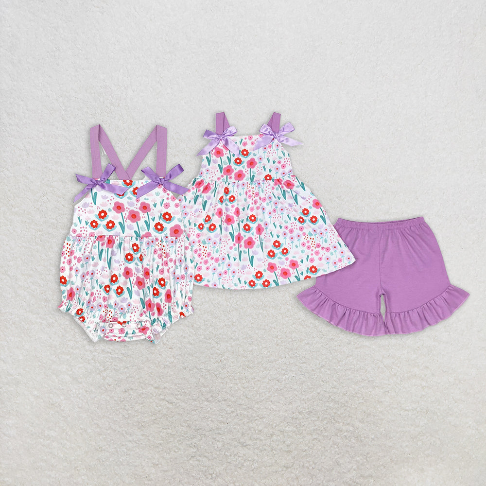 7.16  RTS NO MOQ Straps floral tunic lavender shorts girls summer clothes rompers