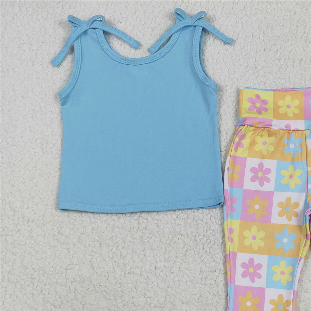 7.02 GSPO2017 RTS NO MOQ Baby Girls Spring Outfits Baby Girls Blue Top Flowers Plaid Bell Bottom Pants Sets