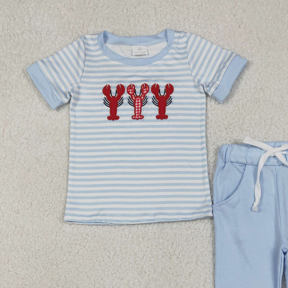 12.17 RTS NO MOQ （In stock）BSPO0616 Embroidery Crayfishes Baby Boys Blue Stripe Top Pockets Leggings Clothes Sets