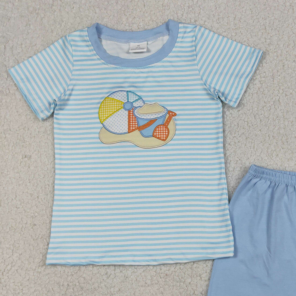 4.7 BSSO1834 RTS NO MOQ （In stock ）Embroidery Beach Baby Boys Blue Stripe Top Shorts Clothes