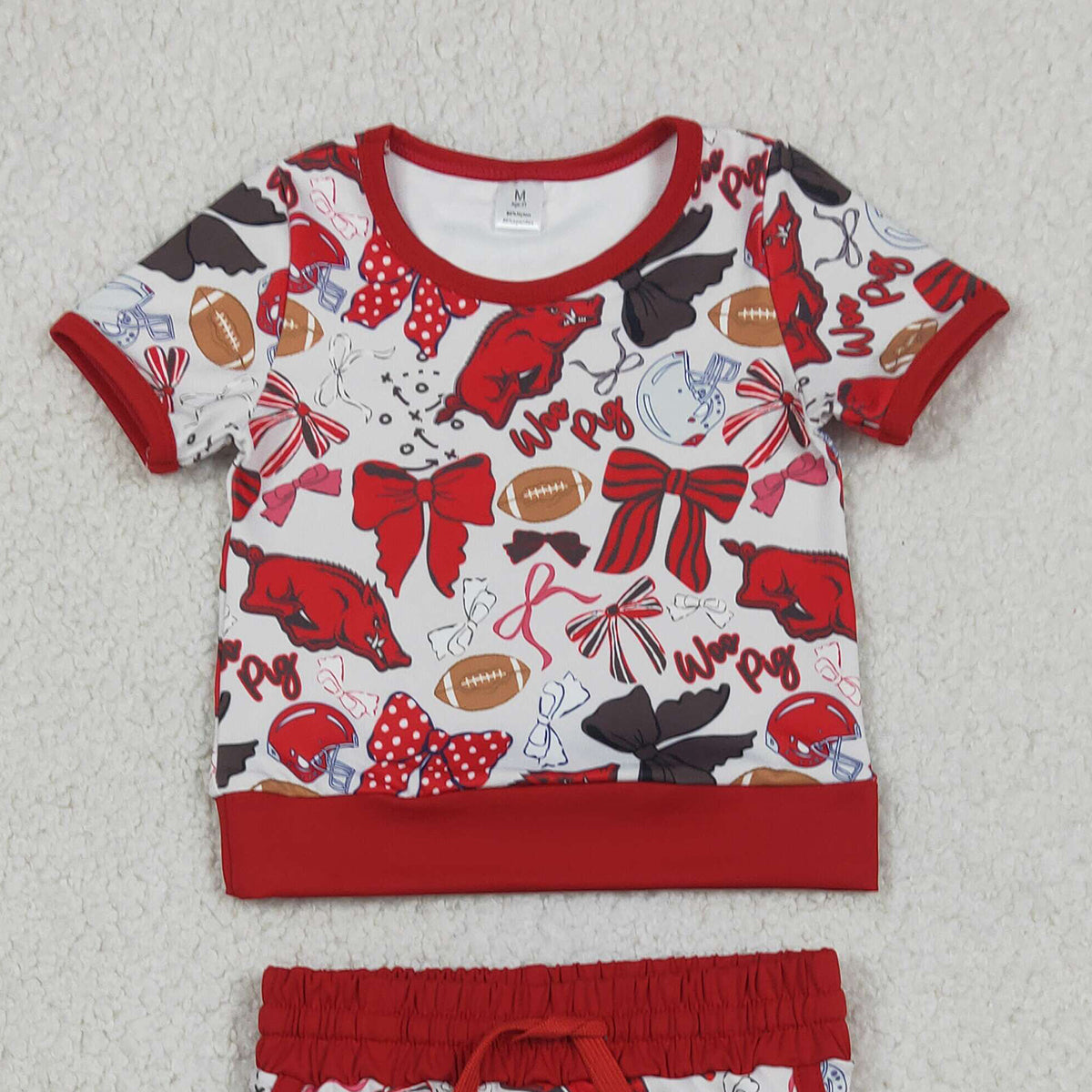 GSD3696 RTS NO MOQ （In stock ）Short sleeves bow top skirt girls team active wear set