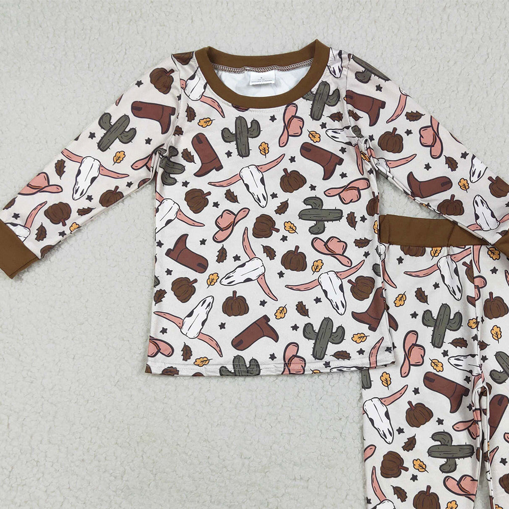 RTS NO MOQ （In stock）BLP1141 Baby Boys Winter Outfits Baby Boys Brown Western Bull Skull Cactus Top Pant Pajamas Sets