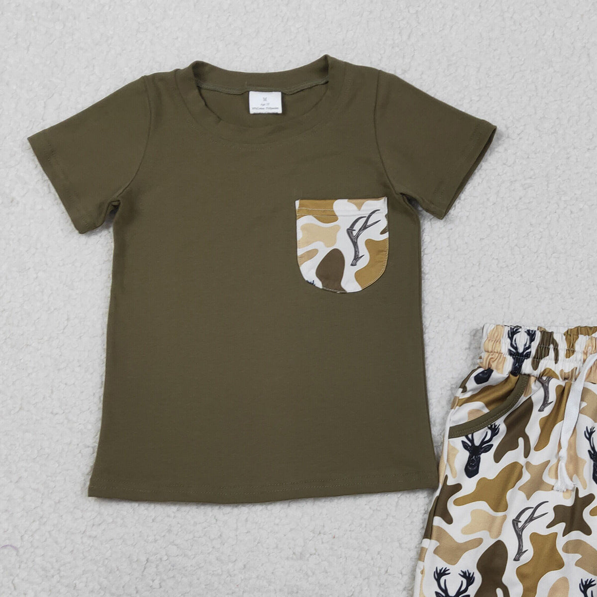 1.24 RTS NO MOQ （In stock）BSSO1845 Baby Boys Shirts Top Deer Camo Pockets Shorts Hunting Clothes Sets