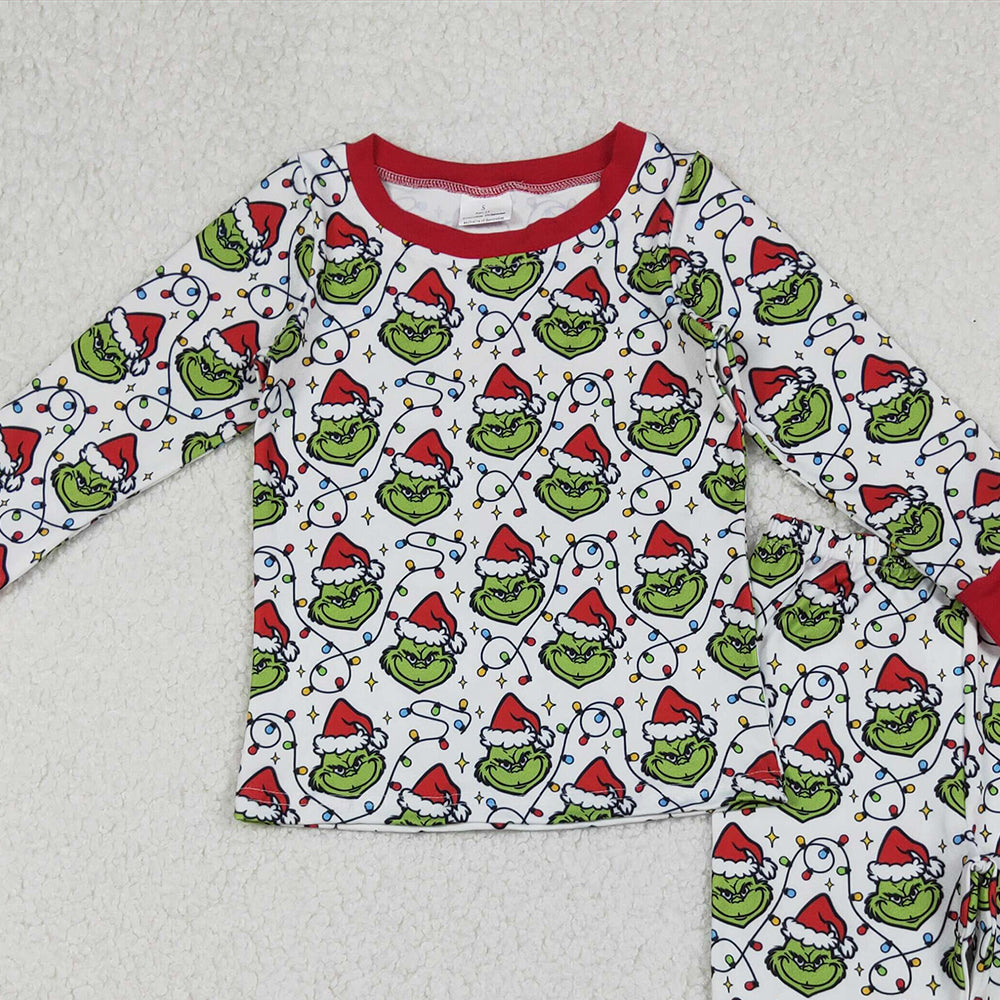 RTS NO MOQ （In stock）BLP1225  Baby Boys Winter Outfits Christmas Lights Green Faces Top Pant Pajamas Set