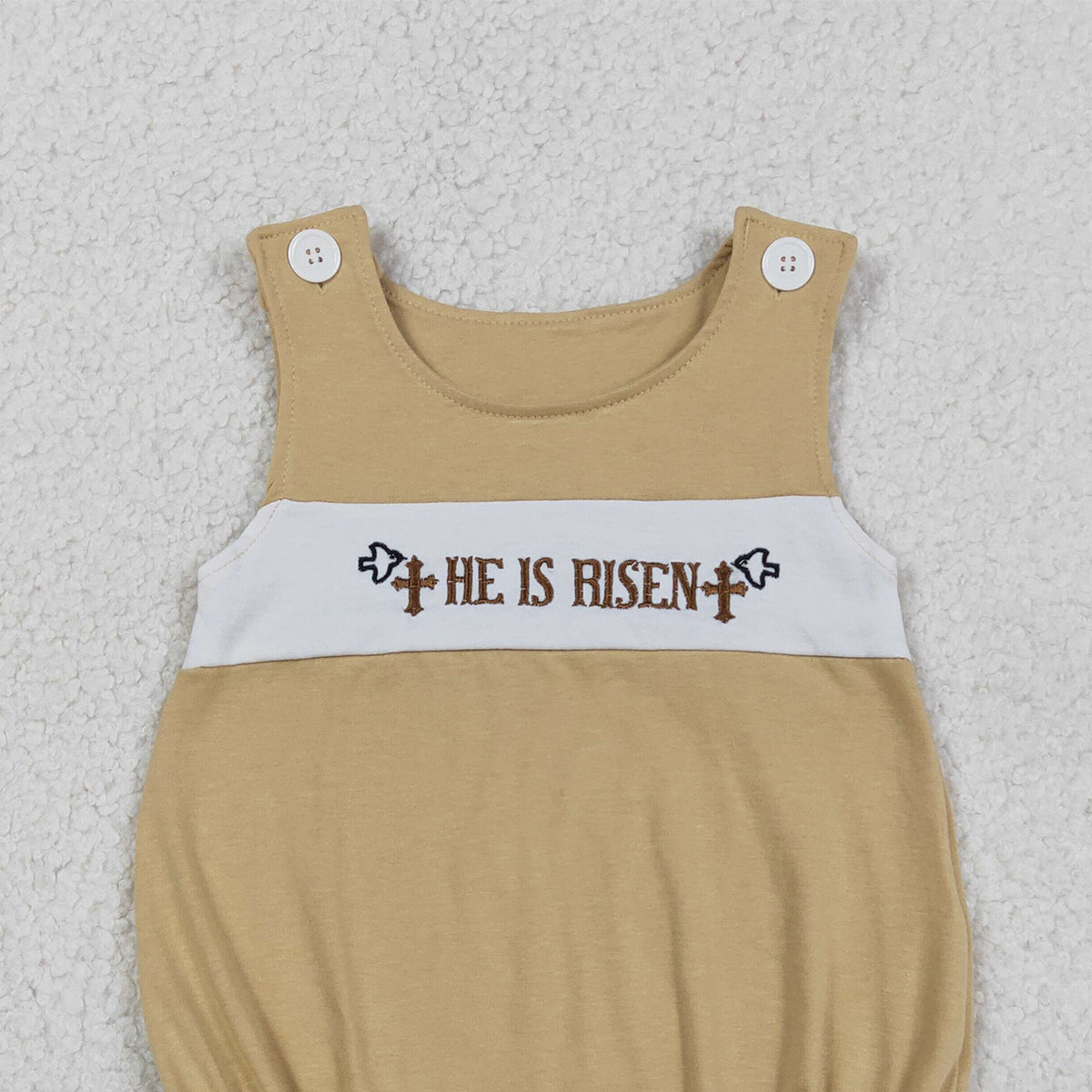3.14 RTS NO MOQ （In stock）SR3547 Children's Fashion Romper Baby Boys Sleeveless Embroidery He is Risen Crosses Rompers