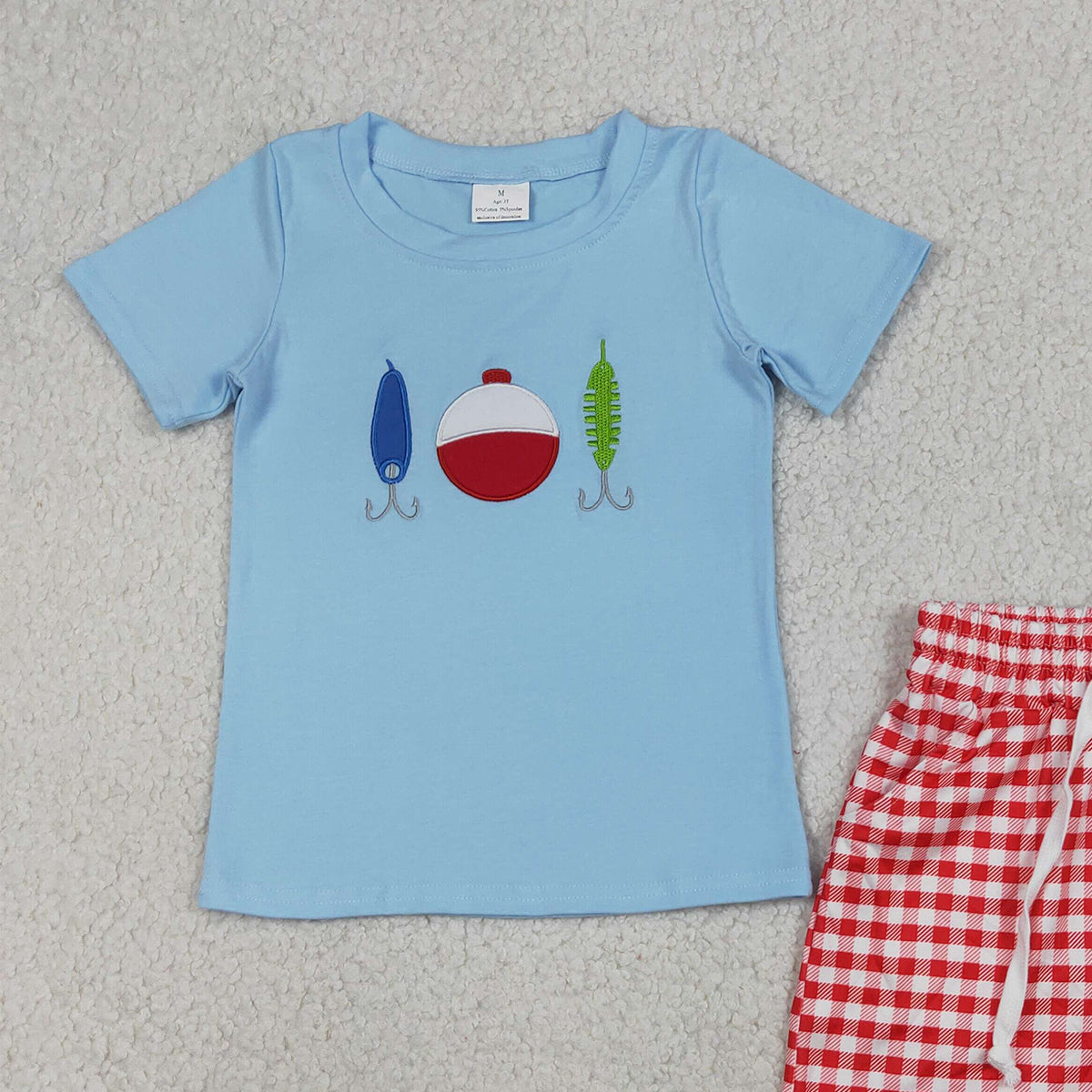 4.8 BSSO1699 RTS NO MOQ （In stock ）Short sleeves fishing lure embroidery kids boys outfits