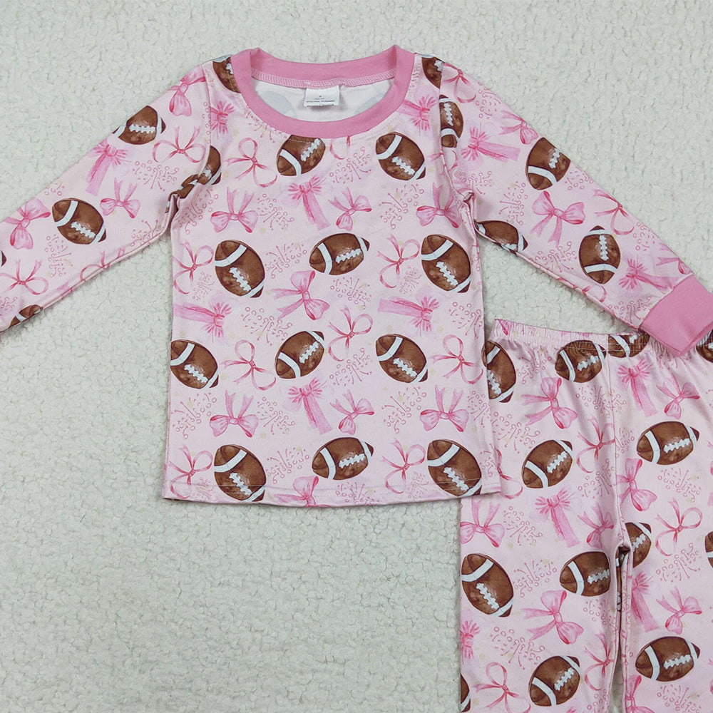RTS NO MOQ （In stock）GLP1700 Baby Girls Winter Outfits Baby Girls Pink Football Bows Shirt Pants Pajamas Clothes Sets