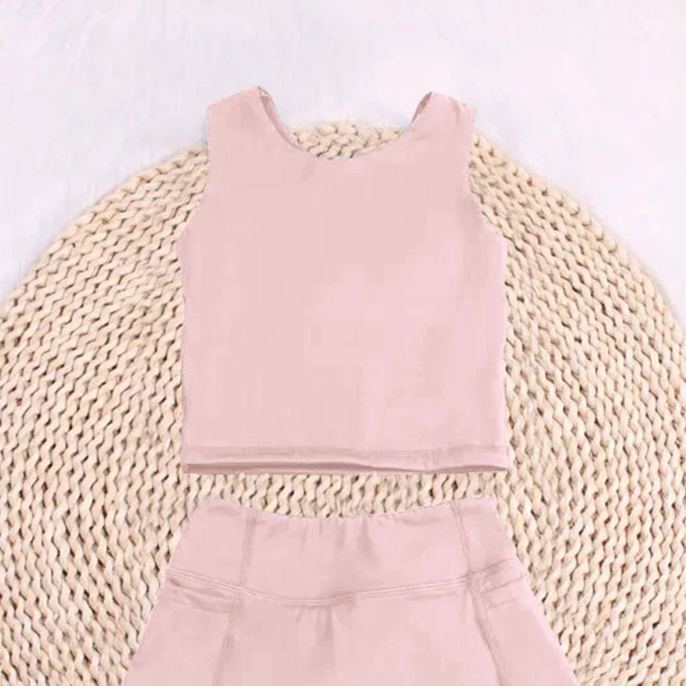 7.14 GSD1977 RTS NO MOQ Baby Girls Yoga Outfits Baby Girls Peach Sleeveless Top Pockets Skirt Yoga Set