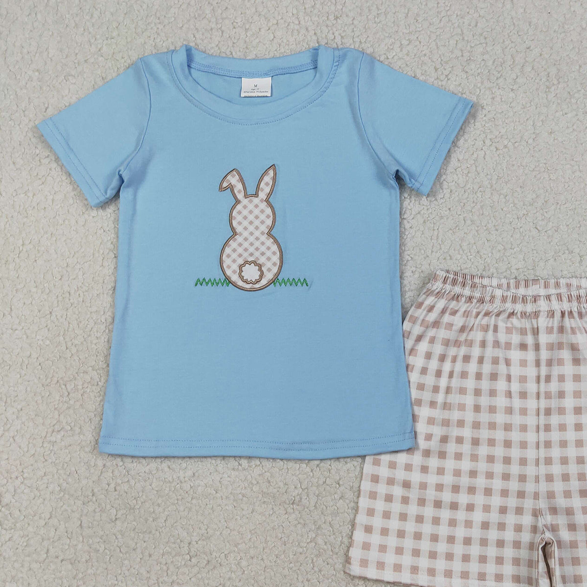 3.19 RTS NO MOQ （In stock）BSSO0305 Fashion Clothing For Baby Boys Embroidery Rabbit Shirt Checked Shorts Easter Clothes Sets