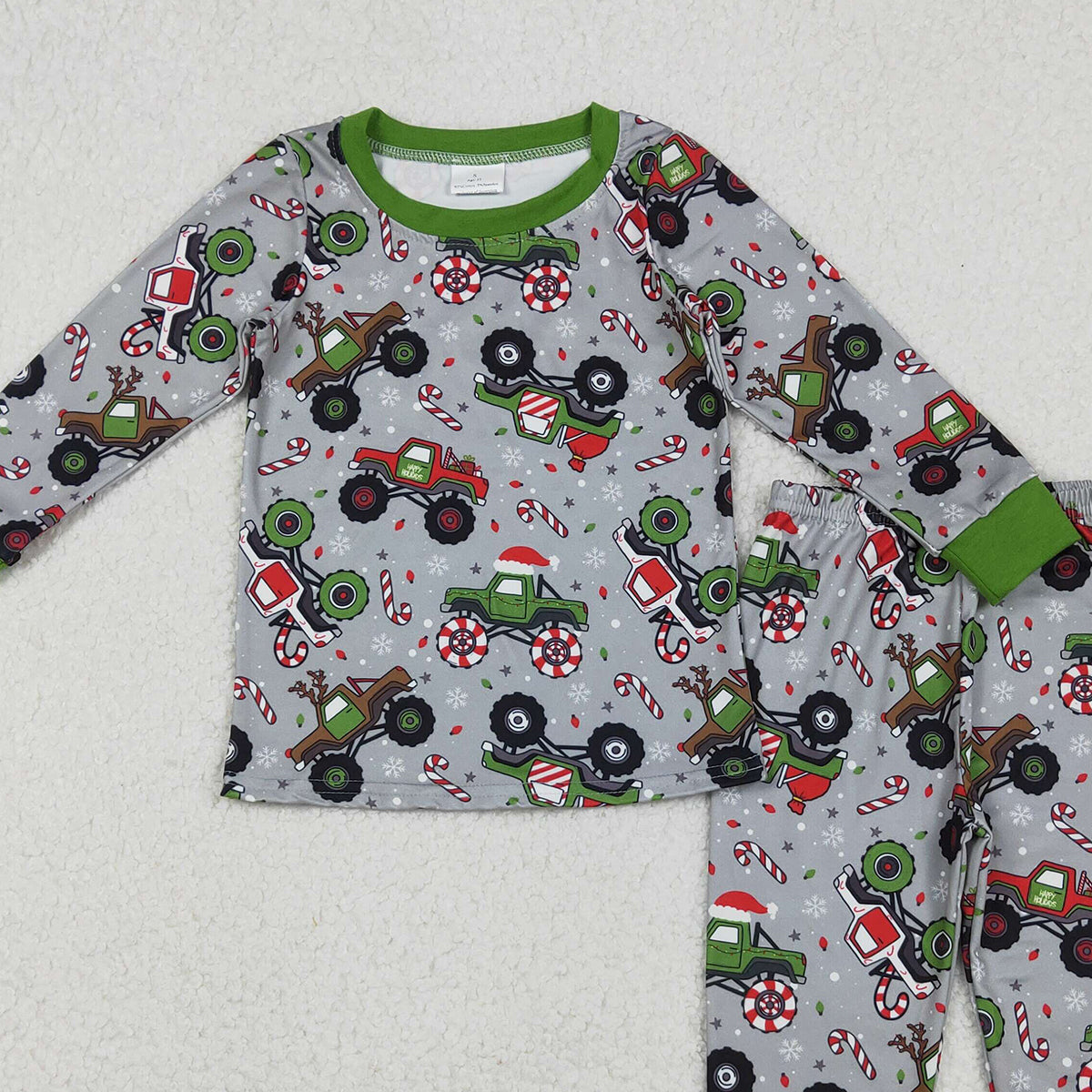 11.1 RTS NO MOQ （In stock）BLP1286 Baby Boys Winter Outfits Baby Boys Trucks Candy Cane Top Pants Christmas Pajamas Sets