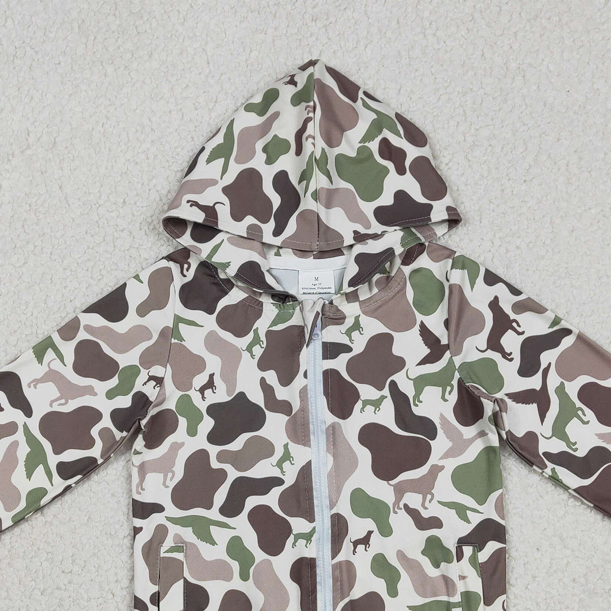 12.30 RTS NO MOQ （In stock）BT1343 Baby Boys Southern Hunting Ducks Dogs Camo Pocket Zipper Jackets Top