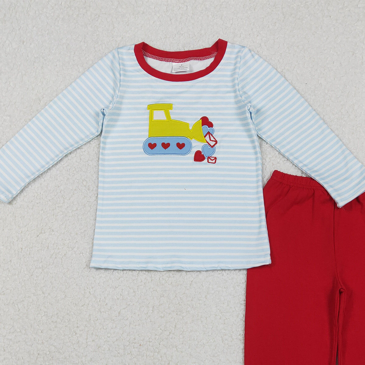 11.3 RTS NO MOQ （In stock）BLP1302 Baby Boys Winter Outfits Embroidery Hearts Excavator Baby Boys Stripe Top Pants Valentine Clothes Sets