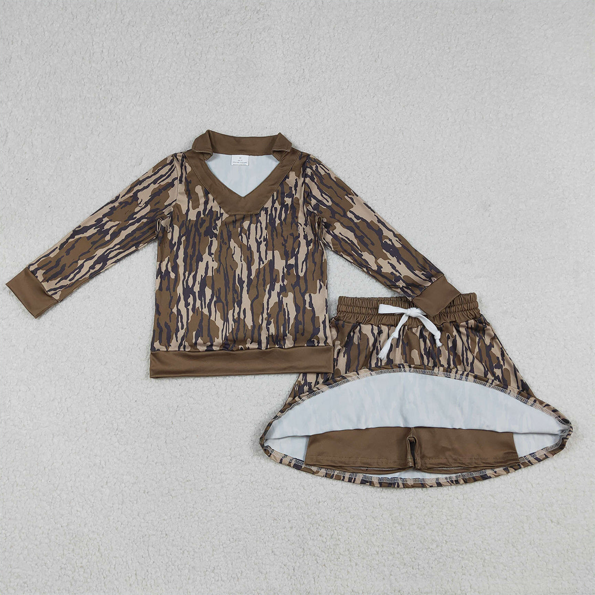 12.26 RTS NO MOQ （In stock）GLD1478 Baby Girls Olive Camo Long Sleeve Top Skirts Shorts Hunting Clothes Sets