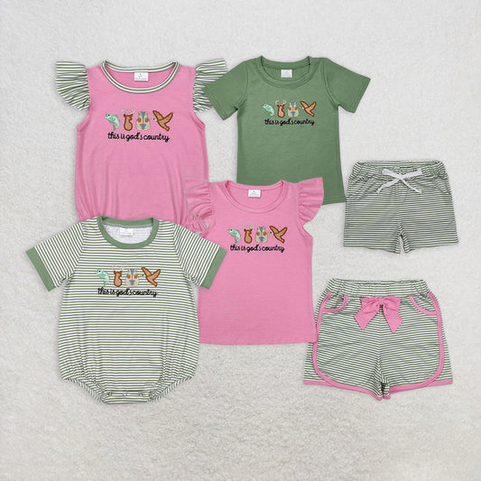 7.15  RTS NO MOQ This is god's country fish deer duck top shorts boys and girls clothes rompers