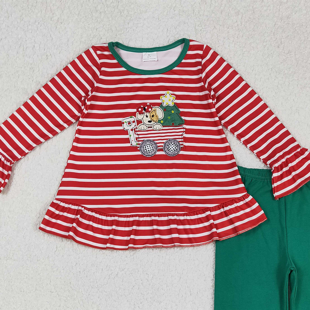 RTS NO MOQ （In stock）GLP2580 Baby Girls Winter Outfits  Long Sleeves Christmas Trees Dogs Trucks Tunic Ruffle Pant Set Outfit