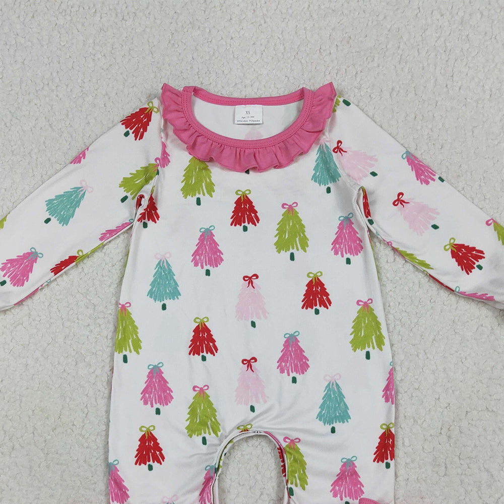LR2280 RTS NO MOQ Baby Girls Winter Rompers Baby Girls Long Sleeves Colorful Bows Trees Ruffle Pant Rompers