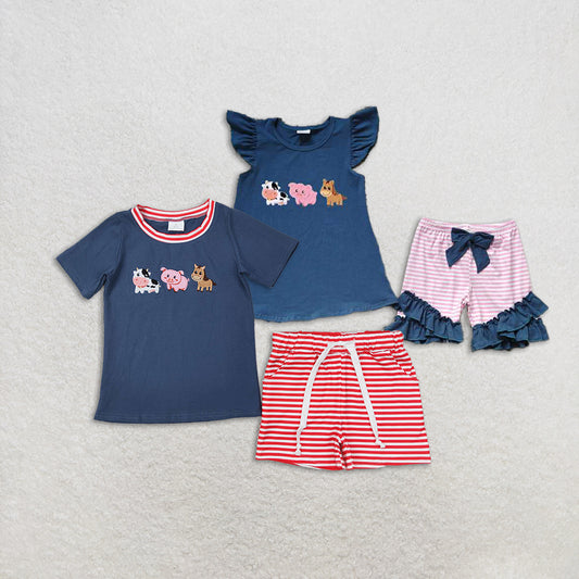4.22RTS NO MOQ Kids Boys Stripe Shorts Top Set - Cute Animal Print (Cow Pig Horse) Casual Outfit for Children
