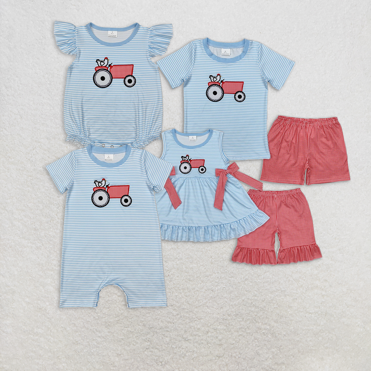 7.18   RTS NO MOQ Summer Outfit for Girls Boys Sleeveless chicken tractor tunic plaid shorts girls clothes rompers