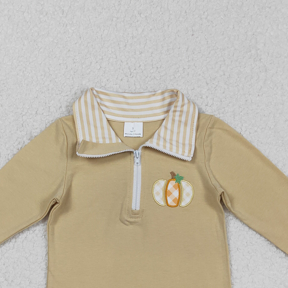 RTS NO MOQ （In stock）BT1293 Baby Boys Long Sleeve Tops Baby Boys Khaki Zipper Pullover Top with Embroidery Pumpkins Design Cute And Cozy Baby Clothing