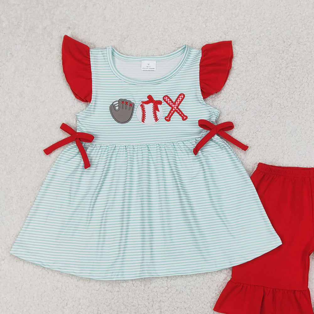 5.20 GSSO2317 RTS NO MOQ Baby Girls Summer Outfits  Embroidery Baby Girls Baseball Flutter Sleeve Tunic Ruffle Shorts Clothes Sets