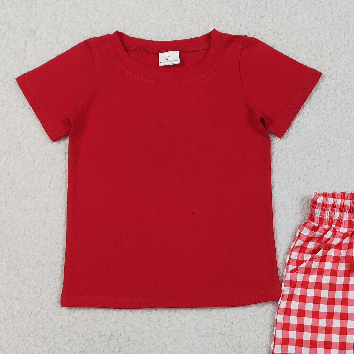 3.7 RTS NO MOQ （In stock）BSSO1884 Children's Fashion Set Baby Boys Red Shirts Top Checked Pockets Shorts Clothes Sets