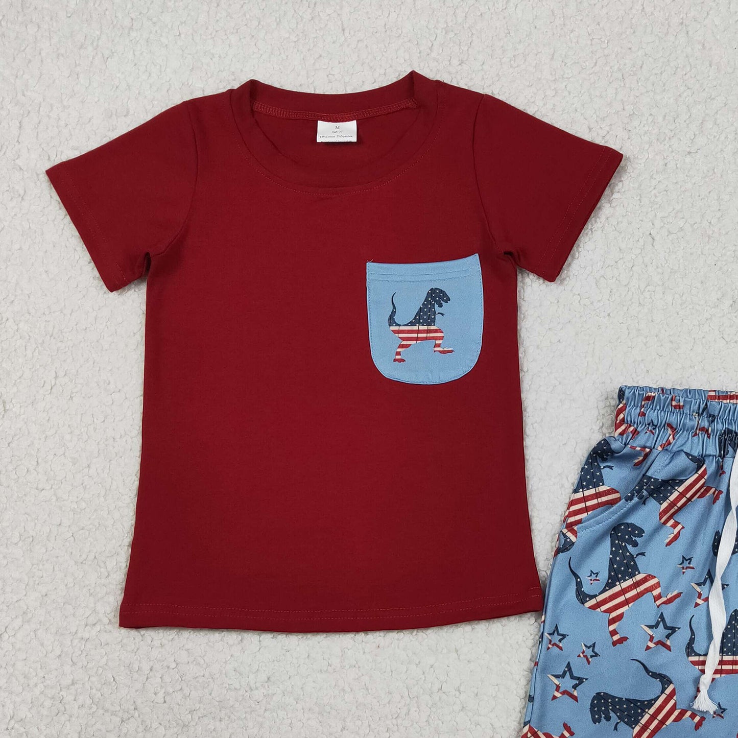 BSSO0519 RTS NO MOQ （In stock ）Red pocket top dinosaur shorts boys 4th of july clothes