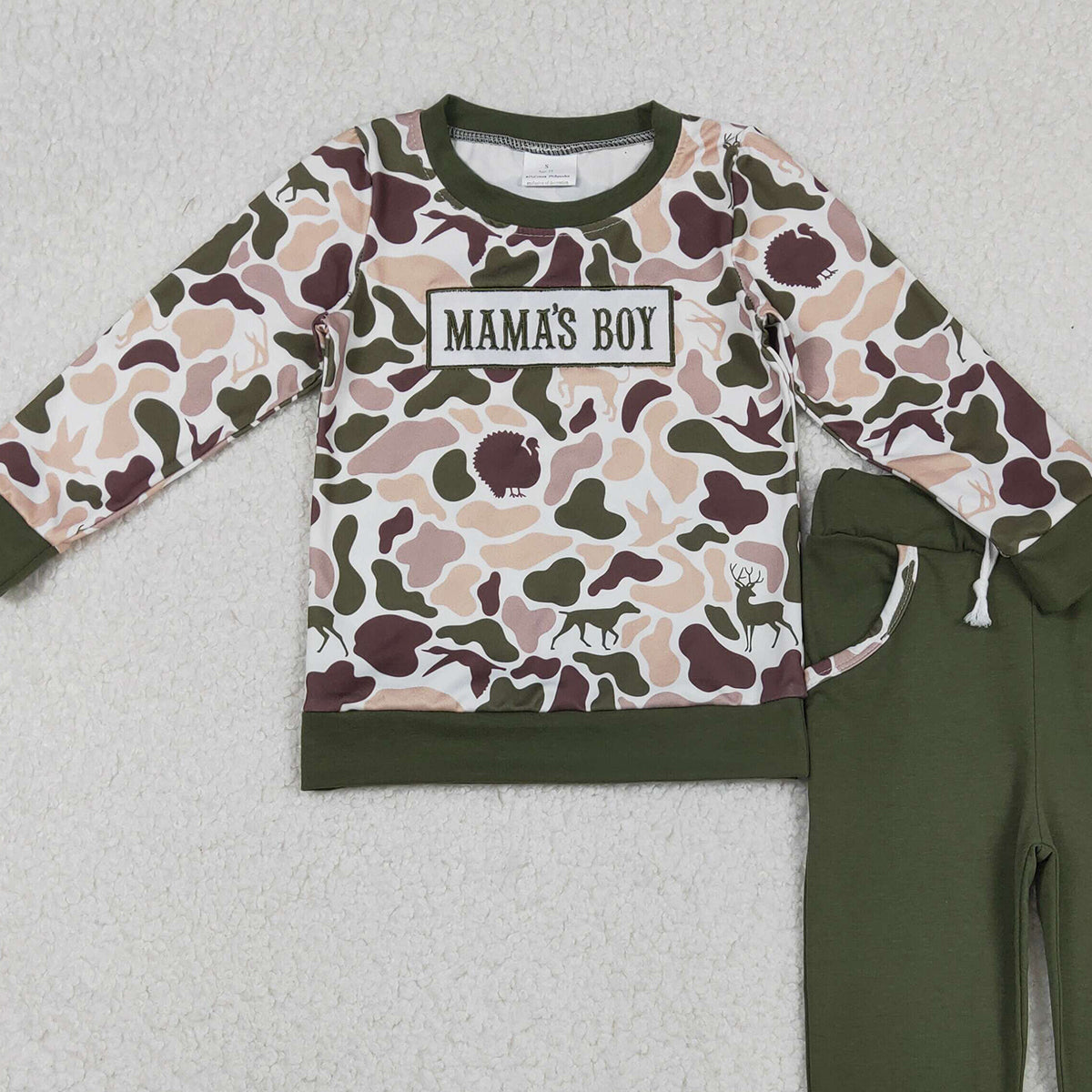 11.14 RTS NO MOQ （In stock）BLP1338 Embroidery Mama's Boy Baby Boys Deer Ducks Camo Pockets Jogger Clothes Sets