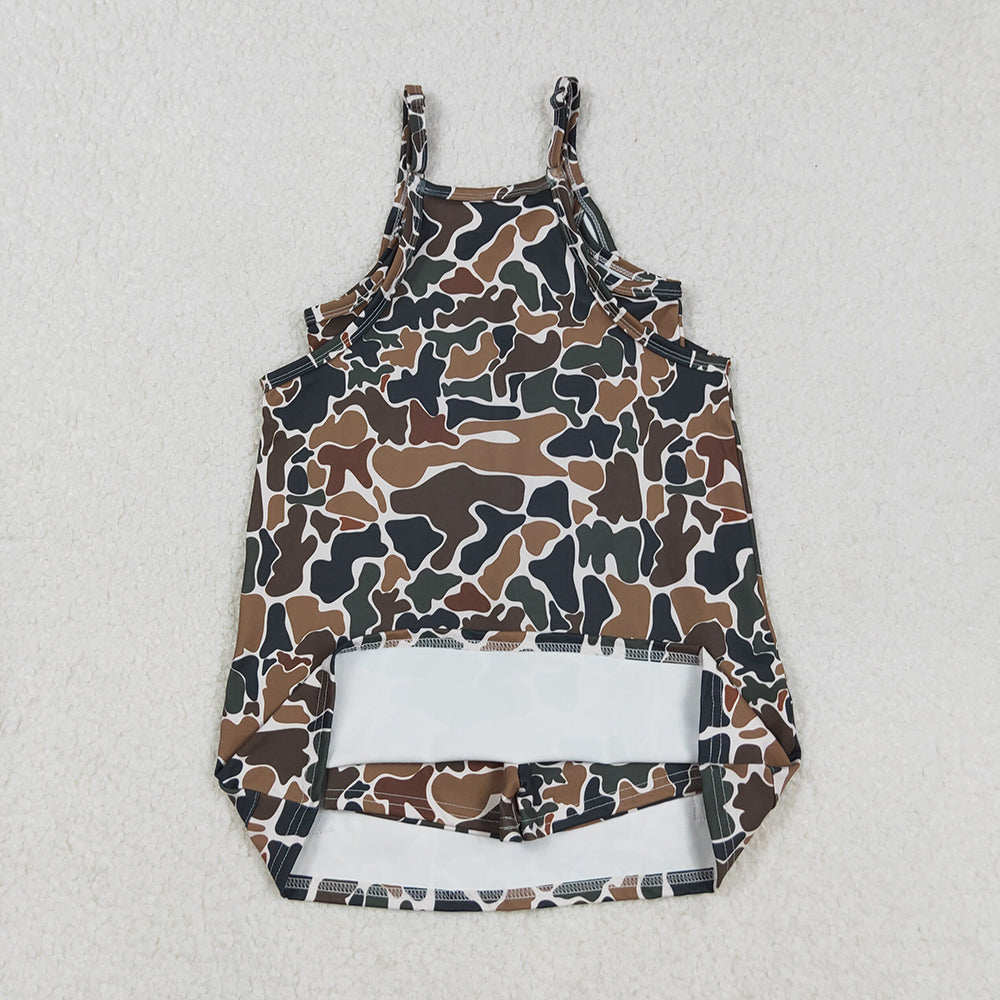 RTS NO MOQ （In stock）GSD2721 Baby Girls Yoga Dress Strap Dark Brown Camouflage Knee-Length Yoga Dress