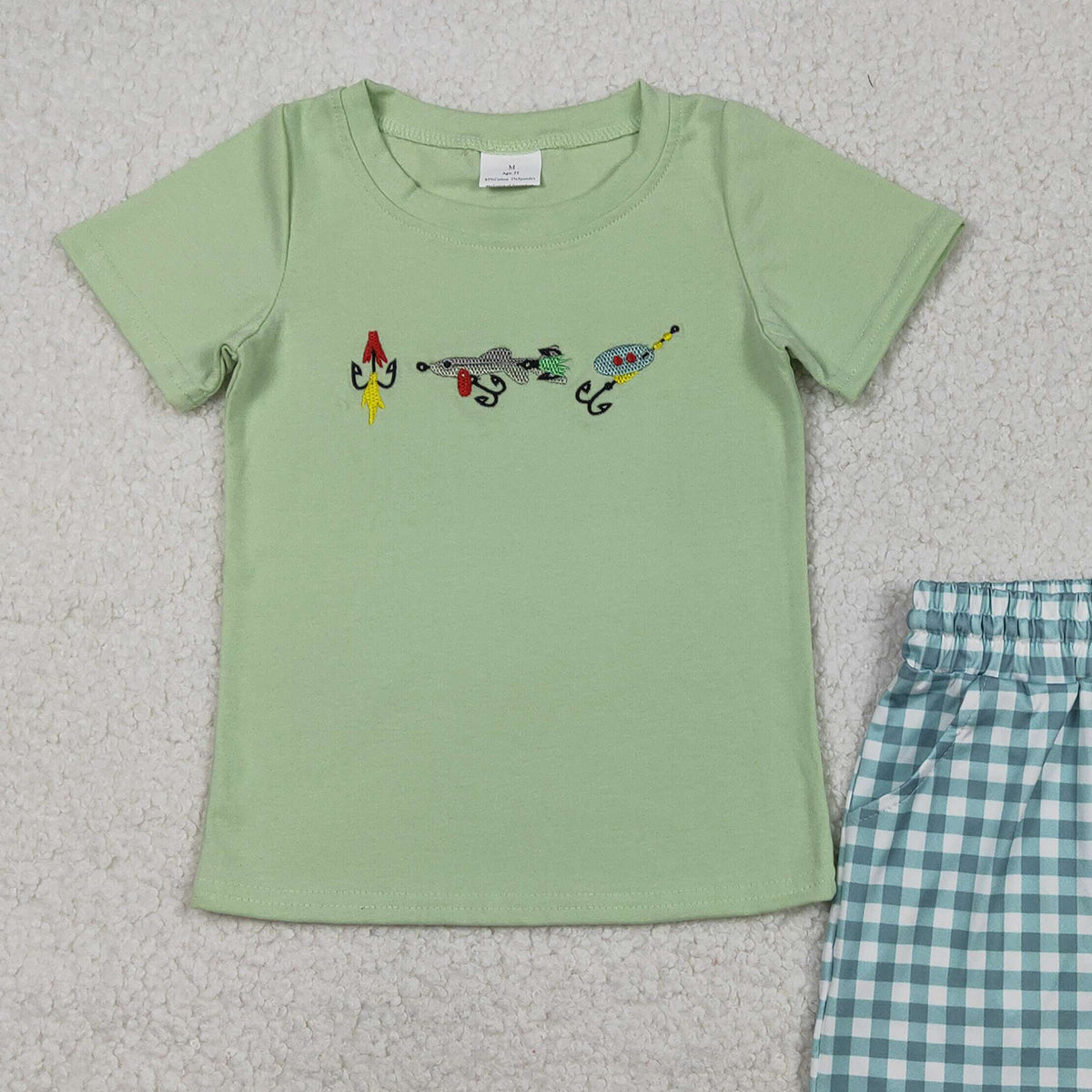 12.15 RTS NO MOQ （In stock）BSSO1621 Embroidery Fishing Baby Boys Top Checked Pockets Shorts Hunting Clothes Sets