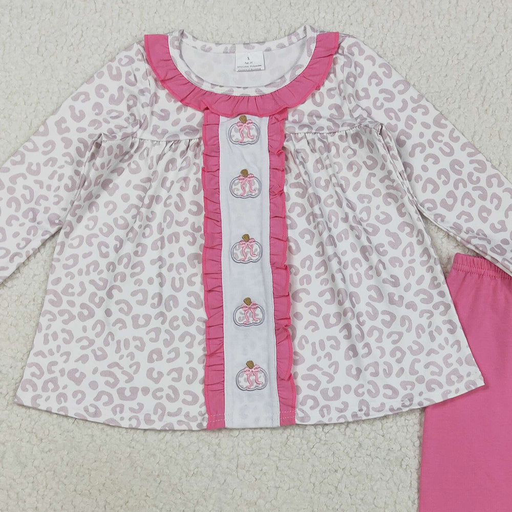 RTS NO MOQ （In stock）GLP2353 Baby Girls Winter Outfits Kids Girls Fall Pumpkin Leopard Tunic Top With Ruffle Pants Set