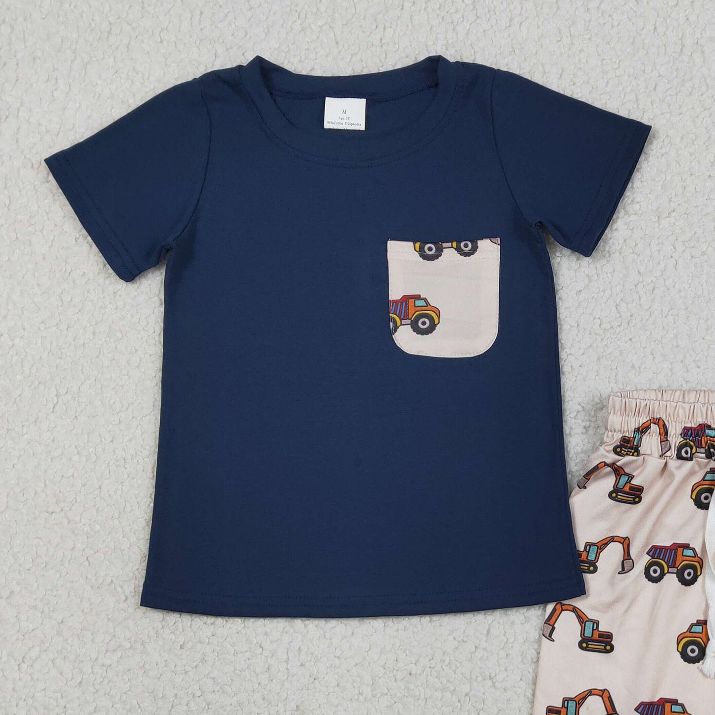 BSSO1364 RTS NO MOQ （In stock ）Baby Boys Navy Shirts Pocket Top Excavators Shorts Clothes