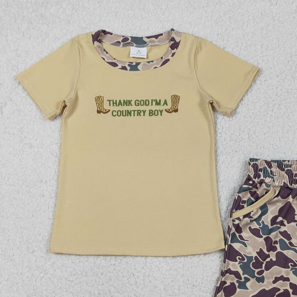 12.10 RTS NO MOQ （In stock）BSSO1577 Embroidery Country Boy Boots Top Camo Pockets Shorts Western Clothes Sets