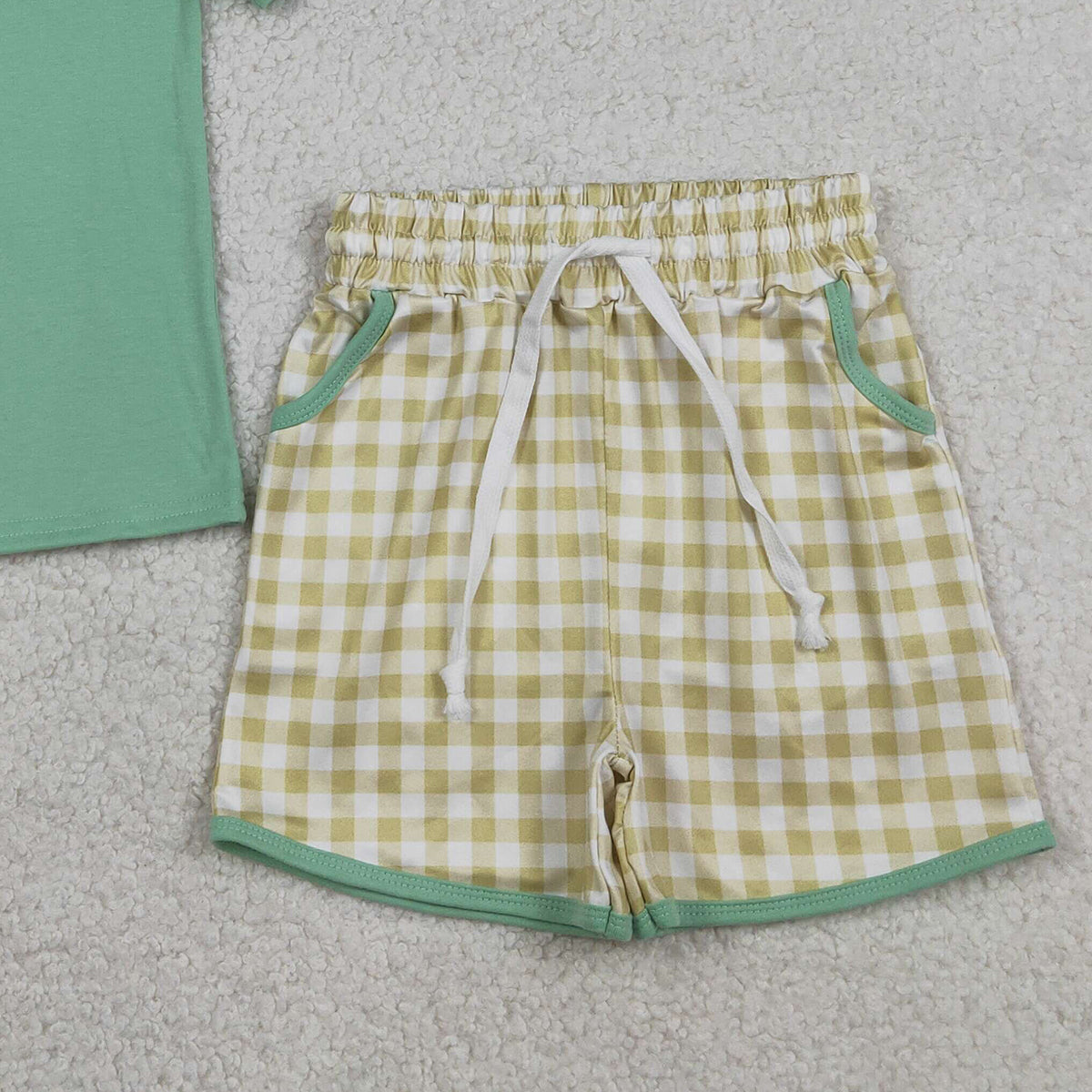 3.27 RTS NO MOQ （In stock）BSSO1684 Fashion Clothing For Baby Boys Short Sleeve Embroidery Air Planes Top Checked Pockets Clothes Sets